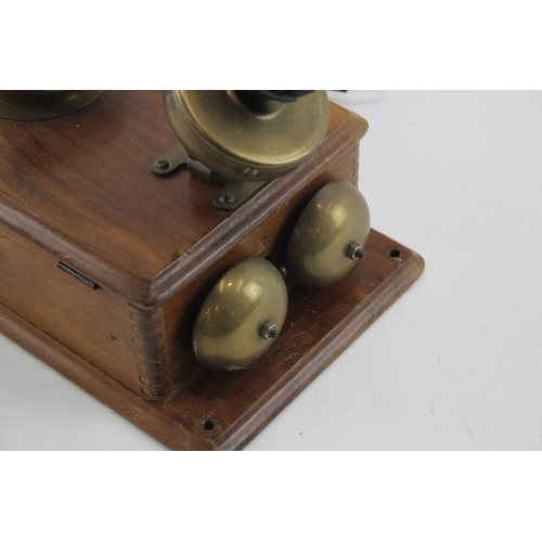 472 - Antique Vintage Wooden Telephone in Brass & Bakelite