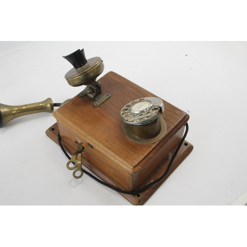 472 - Antique Vintage Wooden Telephone in Brass & Bakelite