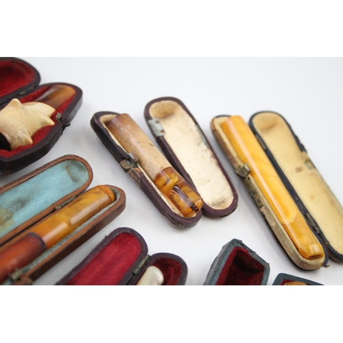 479 - Cheroot Cigarette Cigar Holders Job Lot Amber Meerschaum Antique Cased x 9