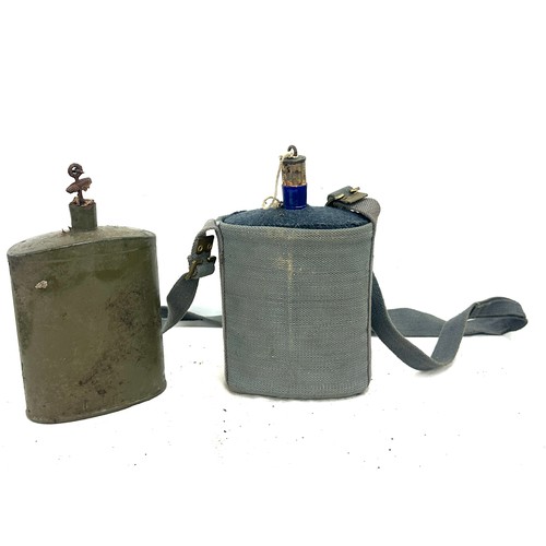 254 - 2, WW2 military water bottle carrier, one has a carry strap