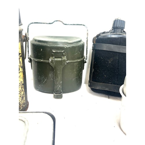 251 - Selection of military issued metal food tins, water bottle, flask etc