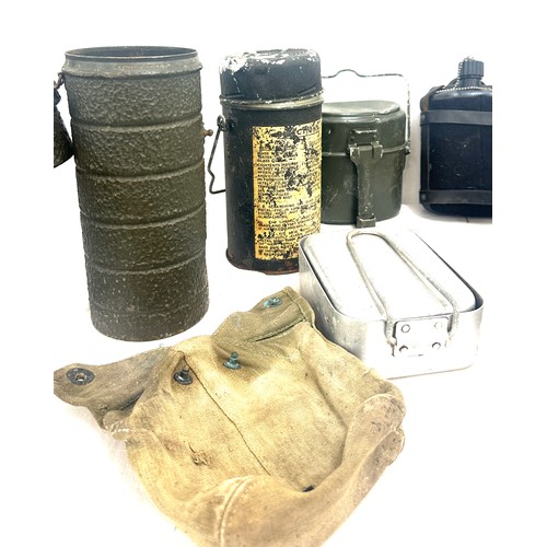 251 - Selection of military issued metal food tins, water bottle, flask etc