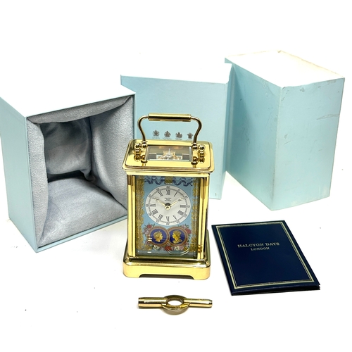 447 - Boxed Halcyon days brass & enamel carriage clock the clock is in working order original boxed with b... 