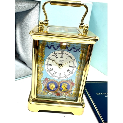 447 - Boxed Halcyon days brass & enamel carriage clock the clock is in working order original boxed with b... 