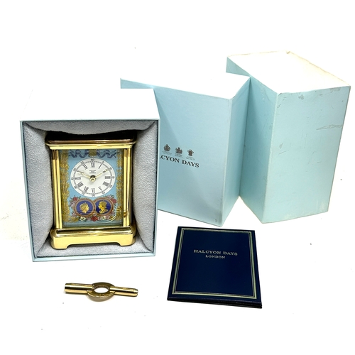 447 - Boxed Halcyon days brass & enamel carriage clock the clock is in working order original boxed with b... 