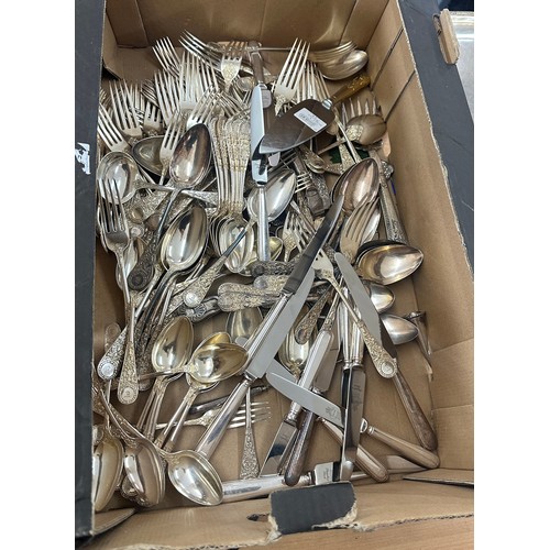 93 - Selection of silver plated and brass pieces to include cutlery, trays, teapots, kettles etc