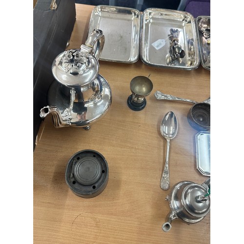 93 - Selection of silver plated and brass pieces to include cutlery, trays, teapots, kettles etc