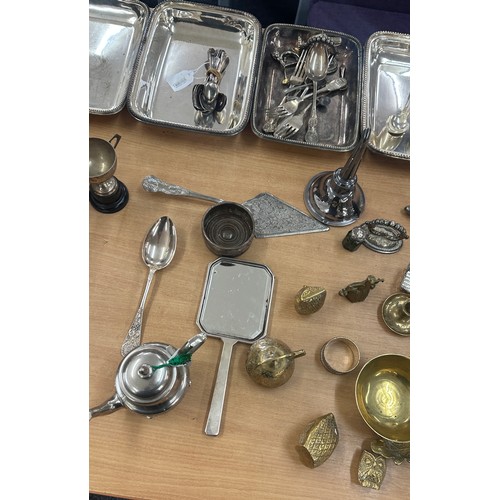 93 - Selection of silver plated and brass pieces to include cutlery, trays, teapots, kettles etc