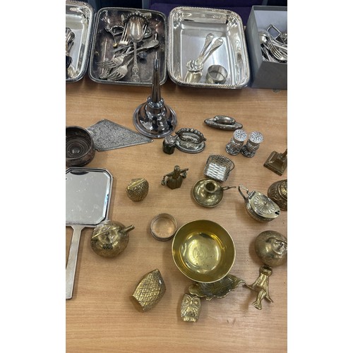 93 - Selection of silver plated and brass pieces to include cutlery, trays, teapots, kettles etc