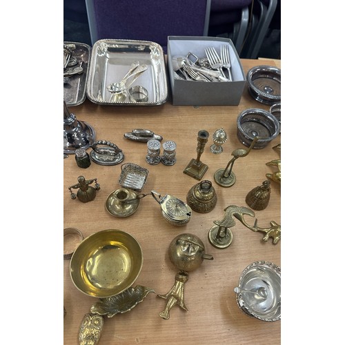 93 - Selection of silver plated and brass pieces to include cutlery, trays, teapots, kettles etc