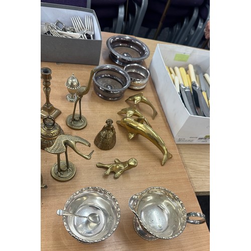 93 - Selection of silver plated and brass pieces to include cutlery, trays, teapots, kettles etc