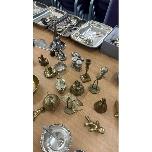 93 - Selection of silver plated and brass pieces to include cutlery, trays, teapots, kettles etc