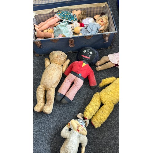 219A - Large blue travel trunk, to include a large selection of teddies to include Golly, selection of vint... 