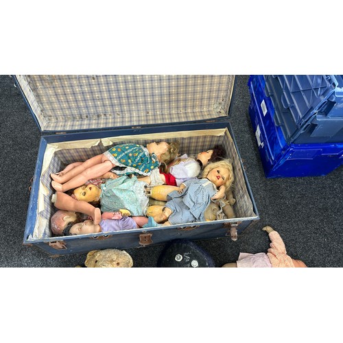 219A - Large blue travel trunk, to include a large selection of teddies to include Golly, selection of vint... 