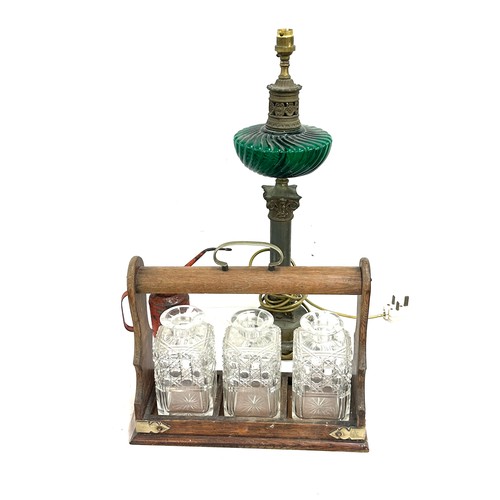 161 - Tantalus, with bottles missing stoppers, vintage small oil can, brass oil lamp, wall clock for spare... 