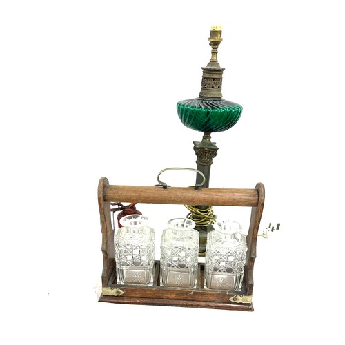 161 - Tantalus, with bottles missing stoppers, vintage small oil can, brass oil lamp, wall clock for spare... 