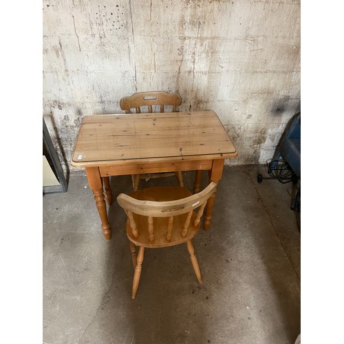 313 - Vintage pine glass top table and two chairs overall height 30 inches, 36 wide