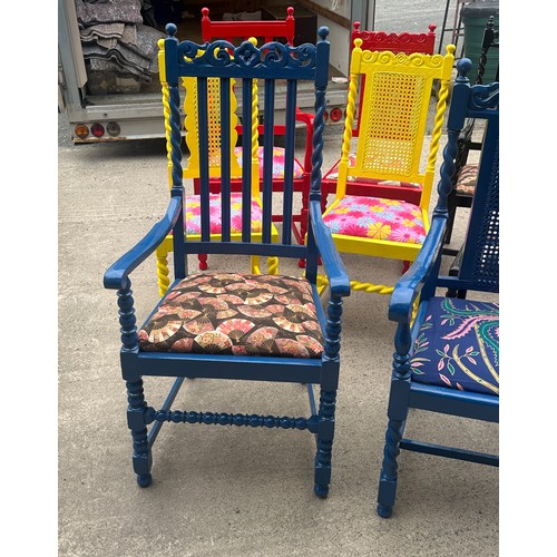 322 - 8 unusal painted dining chairs with modern upholstered cushions