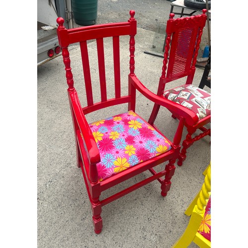 322 - 8 unusal painted dining chairs with modern upholstered cushions