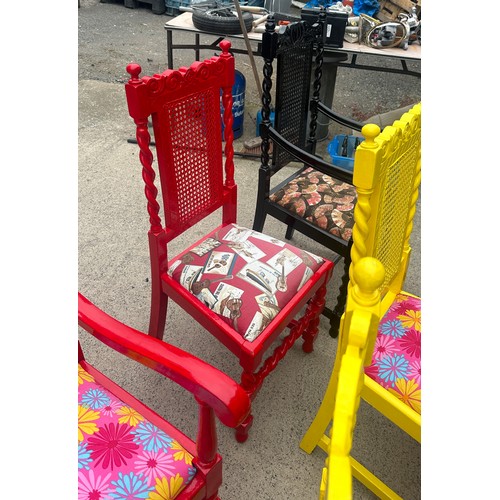 322 - 8 unusal painted dining chairs with modern upholstered cushions