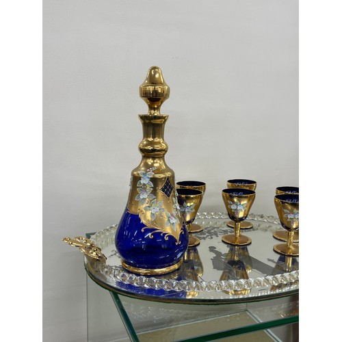 417 - Bohemian glass decanter and six glasses on a fancy tray decanter height 32 cm