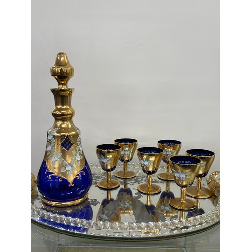 417 - Bohemian glass decanter and six glasses on a fancy tray decanter height 32 cm