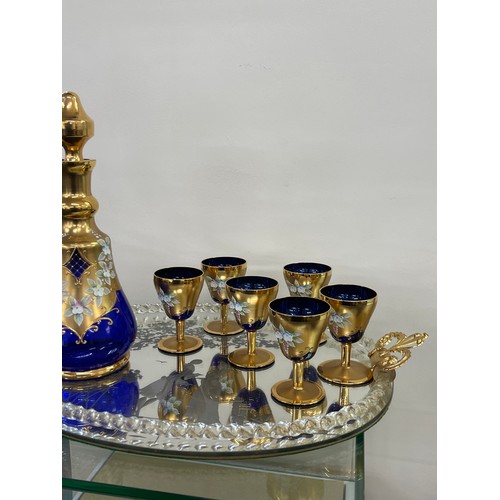 417 - Bohemian glass decanter and six glasses on a fancy tray decanter height 32 cm