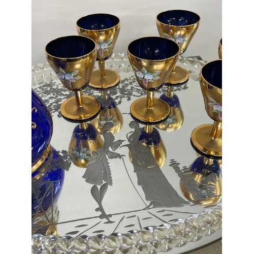 417 - Bohemian glass decanter and six glasses on a fancy tray decanter height 32 cm