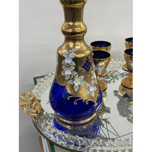 417 - Bohemian glass decanter and six glasses on a fancy tray decanter height 32 cm