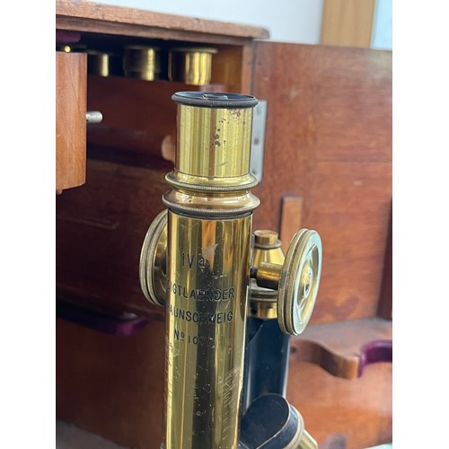 75A - Vintage Voigtlaender Braunschweig MK IVA brass and metal microscope complete with lenses fitted in a... 