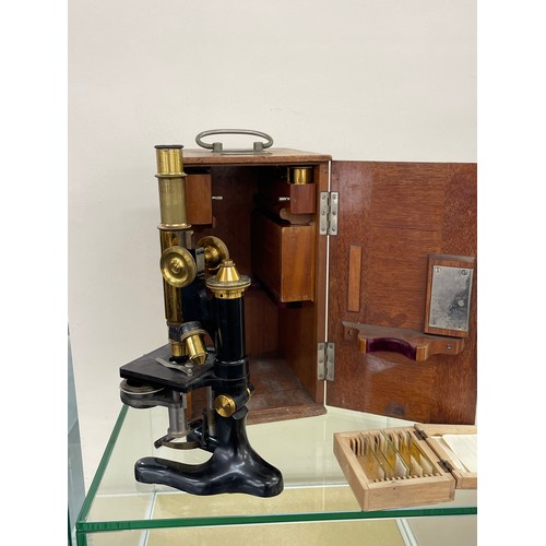 75A - Vintage Voigtlaender Braunschweig MK IVA brass and metal microscope complete with lenses fitted in a... 