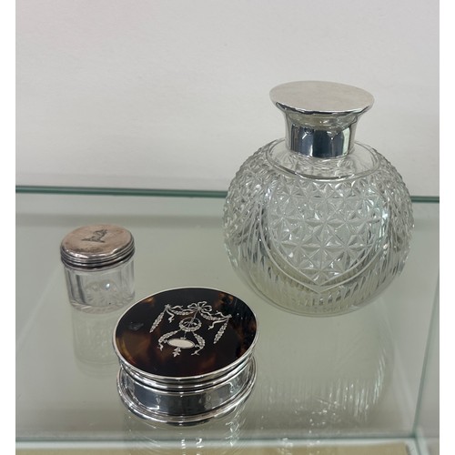 384 - Silver hallmarked cut glass scent bottle, silver topped Victorian trinket pot lid with family crest ... 