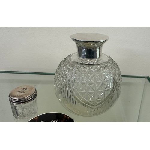 384 - Silver hallmarked cut glass scent bottle, silver topped Victorian trinket pot lid with family crest ... 