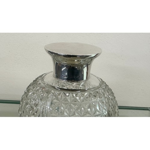 384 - Silver hallmarked cut glass scent bottle, silver topped Victorian trinket pot lid with family crest ... 