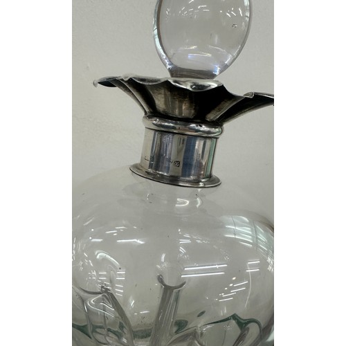 374 - Large silver mounted arts and crafts glug glug decanter. Hallmarks Chester 1908 overall height 29 cm... 