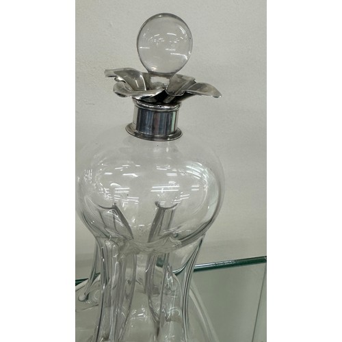 374 - Large silver mounted arts and crafts glug glug decanter. Hallmarks Chester 1908 overall height 29 cm... 