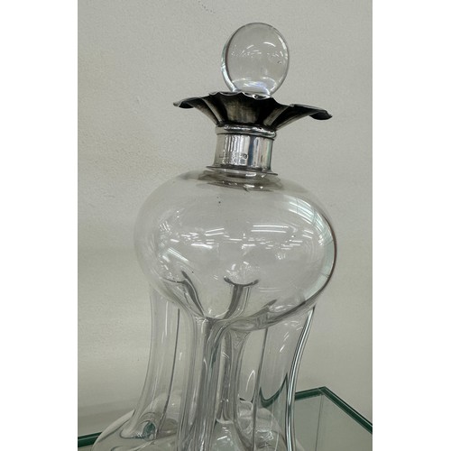 374 - Large silver mounted arts and crafts glug glug decanter. Hallmarks Chester 1908 overall height 29 cm... 