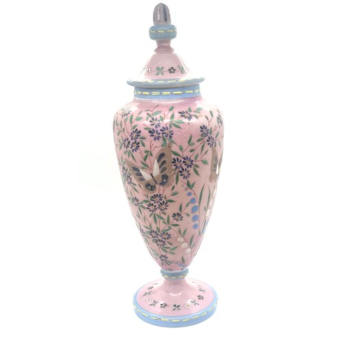 389 - 19th century pink bohemian glass lidded urn height 33 cm - no damage