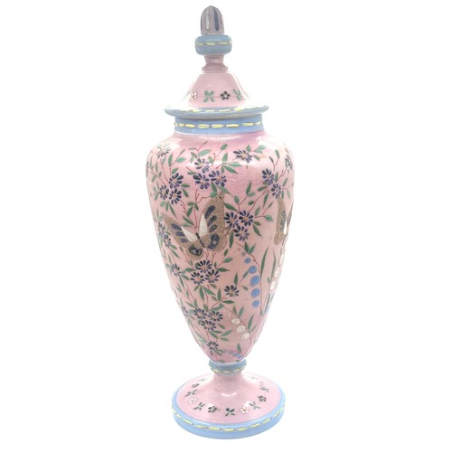 389 - 19th century pink bohemian glass lidded urn height 33 cm - no damage