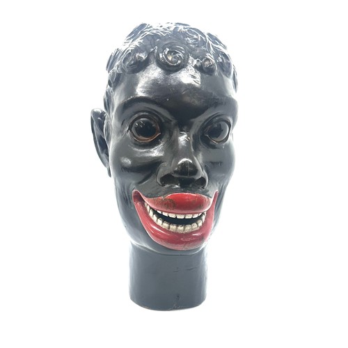 388 - Black Americana antique carved wooden head of a black man with glass eyes. 19th century fairground c... 