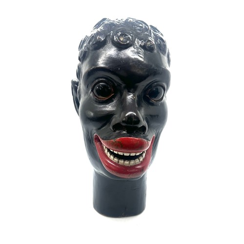 388 - Black Americana antique carved wooden head of a black man with glass eyes. 19th century fairground c... 