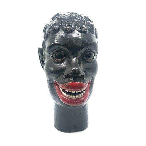 388 - Black Americana antique carved wooden head of a black man with glass eyes. 19th century fairground c... 