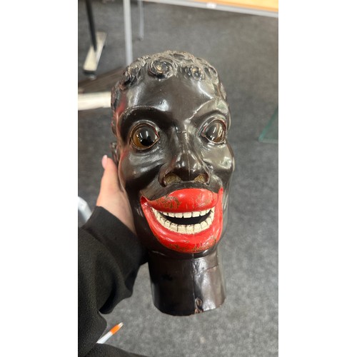 388 - Black Americana antique carved wooden head of a black man with glass eyes. 19th century fairground c... 