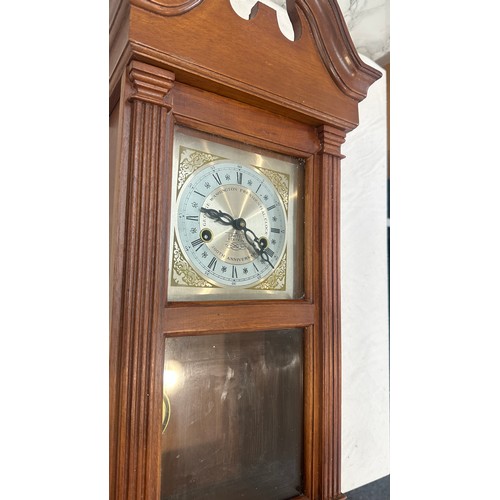 51 - George Washington presidential mahogany wall clock with key & pendulum, untested