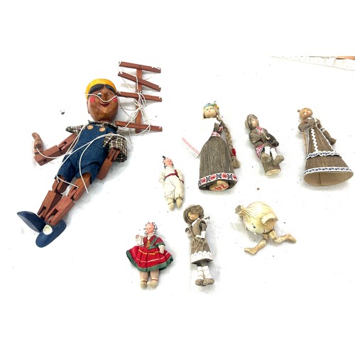 37 - Selection of vintage toys to include a wooden Pinocchio puppet and various dolls