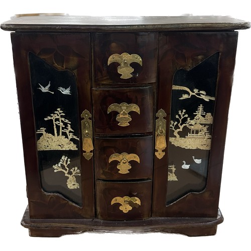 43 - Oriental jewellery cabinet with 3D art measures approx 11 inches tall by 11 wide