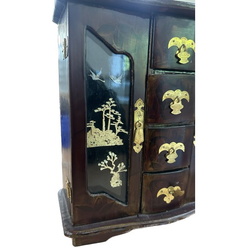 43 - Oriental jewellery cabinet with 3D art measures approx 11 inches tall by 11 wide