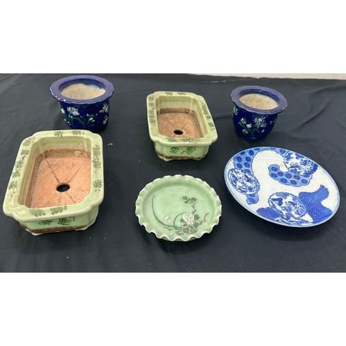 62 - Quantity of oriental miniature plant pots and a blue and white plate