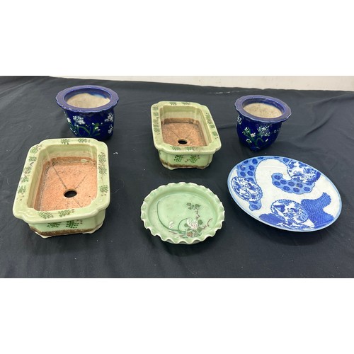 62 - Quantity of oriental miniature plant pots and a blue and white plate