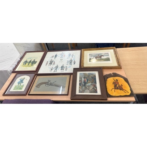 45 - Selection of prints and pictures to include Military and hunting largest measures approx 19.5 inches... 